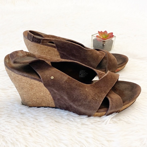 UGG Brown platform suede cork wedge heel sandals women size 9 - Picture 4 of 7